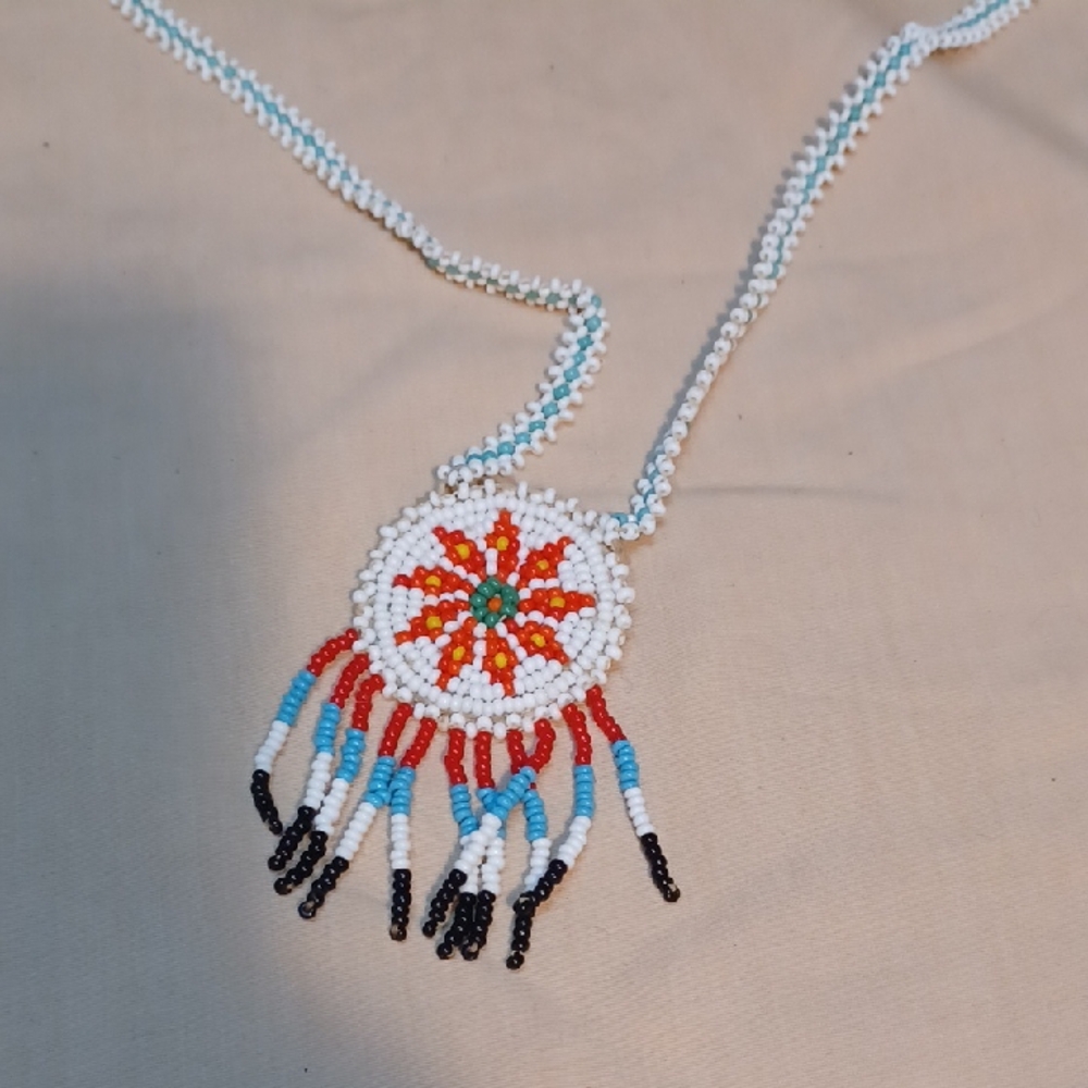 Handmade White Micro Beaded Pendant Necklace with Red & Turquoise Accents